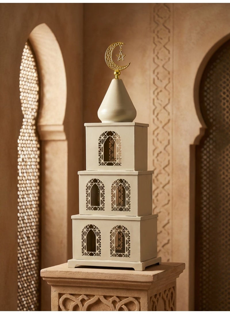 Tanseeq Beige Metal Mosque Tiered Box for Ramadan Dates and Sweets Serving Station - Islamic Home Decoration Eid Mubarak Gift Centerpiece Table Decor 3 Level Storage Container Minaret Sculpture - Image 4